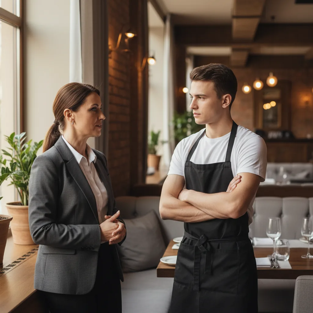Manager de restaurant échangeant calmement avec un membre de son équipe