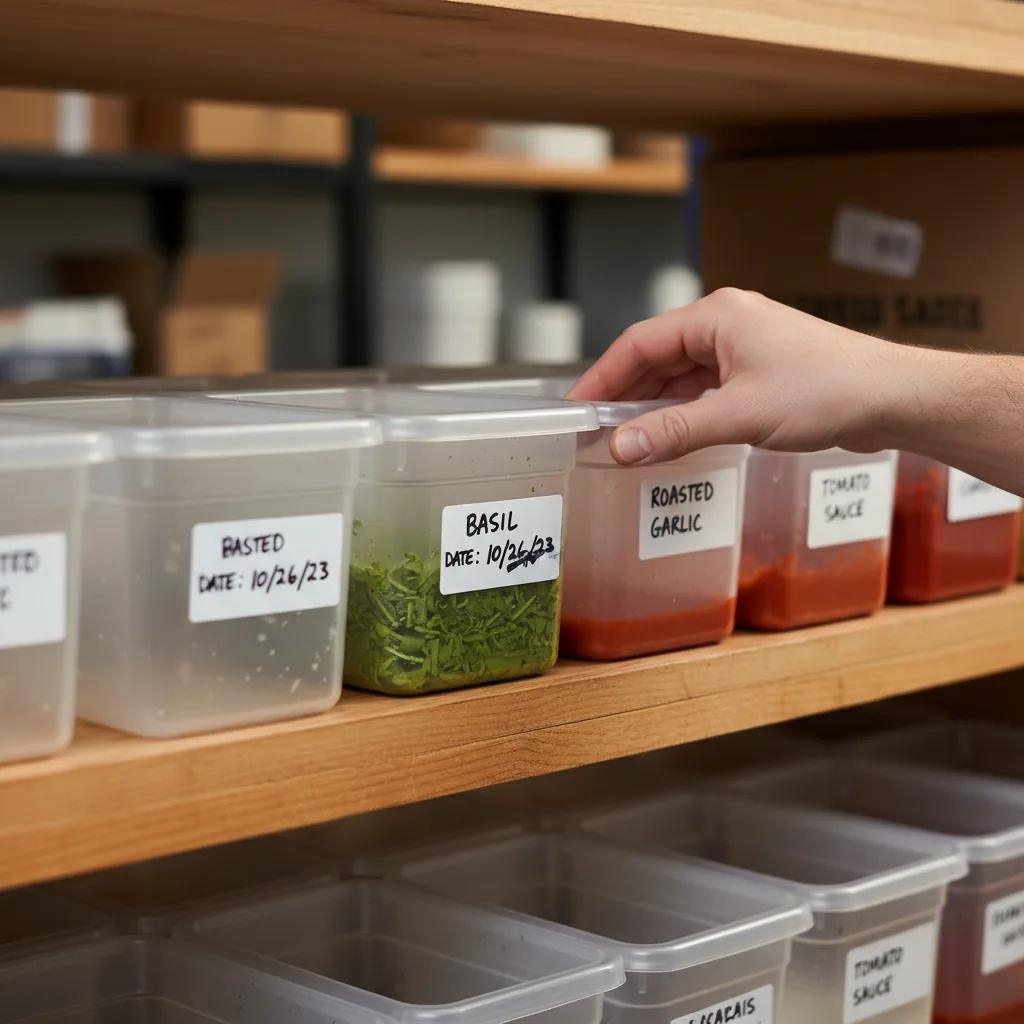 Réserve de restaurant rangée avec produits étiquetés et datés