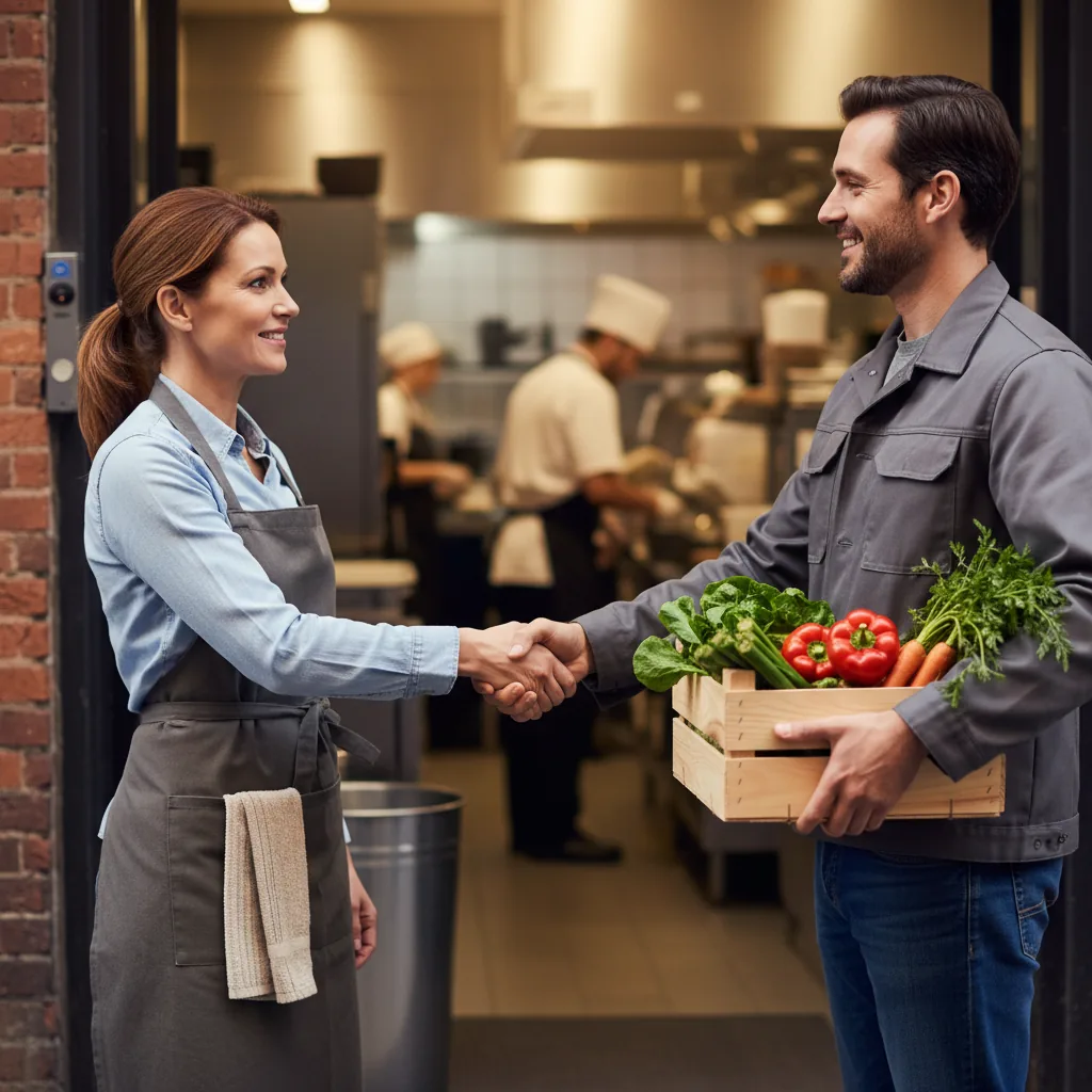 Restaurateur évaluant des produits avec un fournisseur