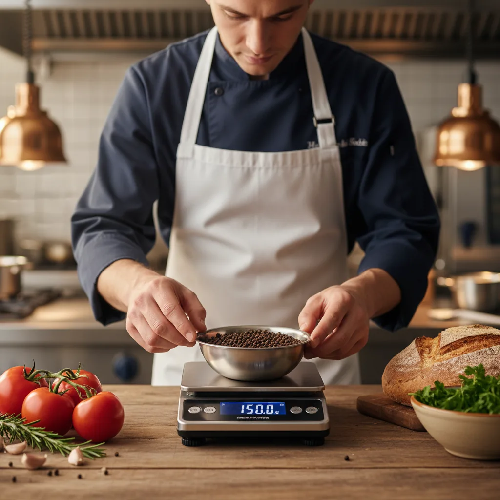 Cuisinier portionnant une pièce de viande en mise en place