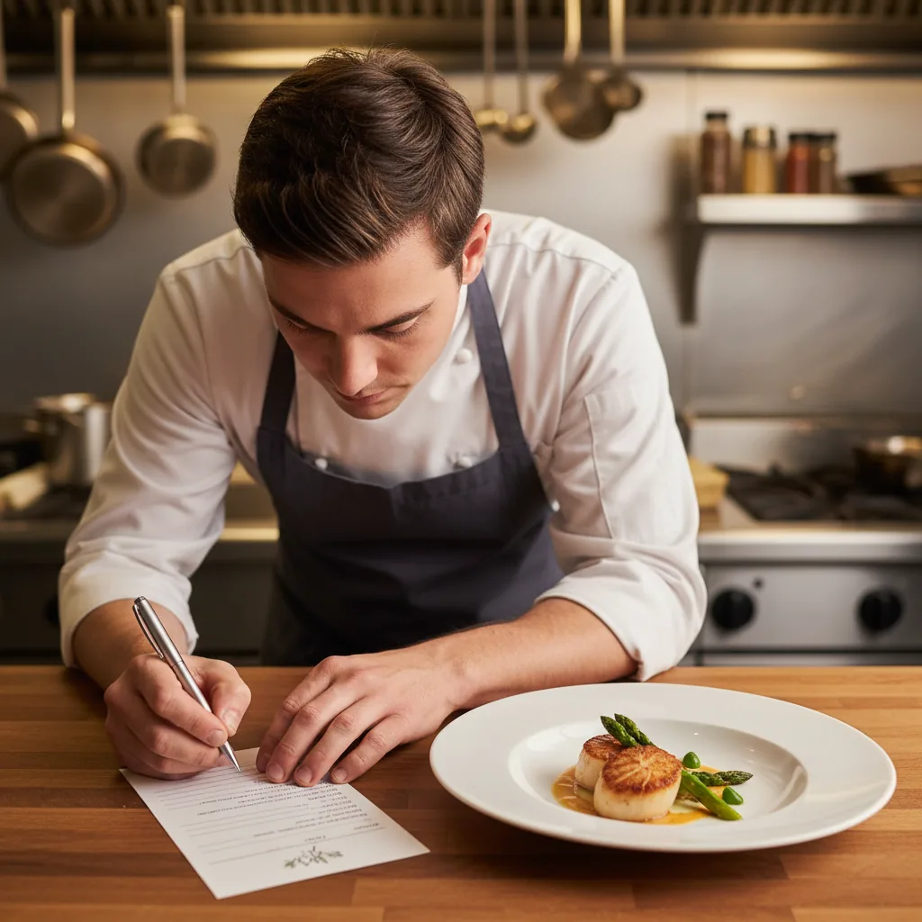 Restaurateur rédigeant une fiche technique de plat en cuisine