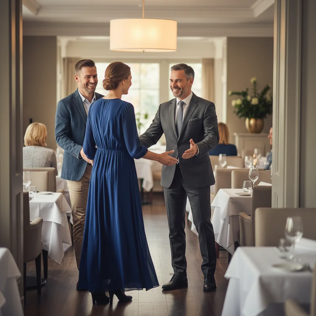 Restaurateur accueillant chaleureusement un client fidèle dans sa salle