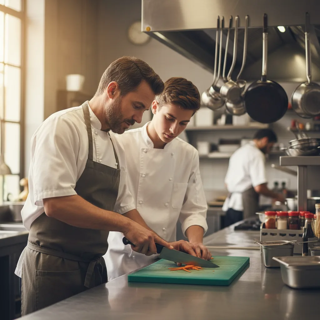 Chef de cuisine formant un commis sur un poste de travail en restaurant