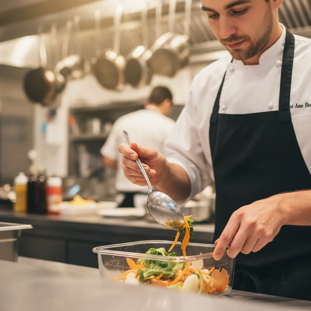 Cuisinier de restaurant valorisant des surplus alimentaires en cuisine