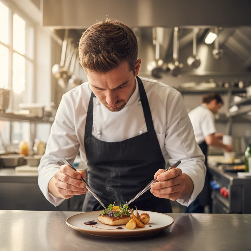 Chef et équipe en cuisine dans un restaurant gastronomique