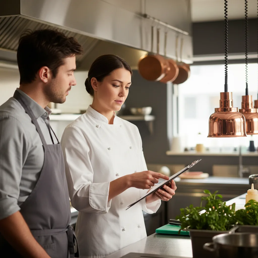 Responsable de restaurant faisant un brief avec son équipe avant le service