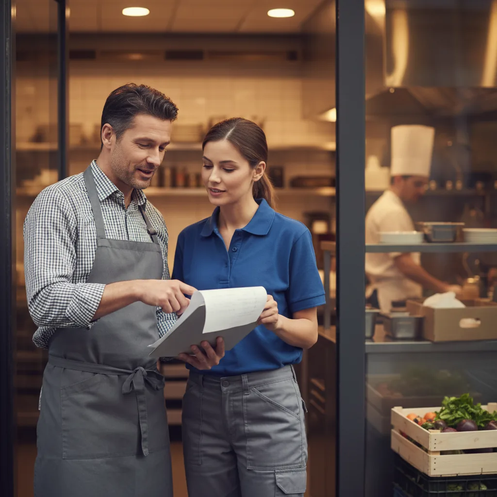 Restaurateur passant en revue ses conditions d'achat avec son fournisseur