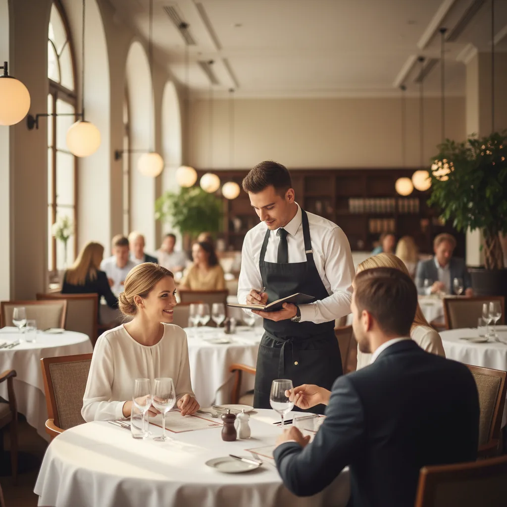 Serveur proposant un dessert à une table en salle de restaurant