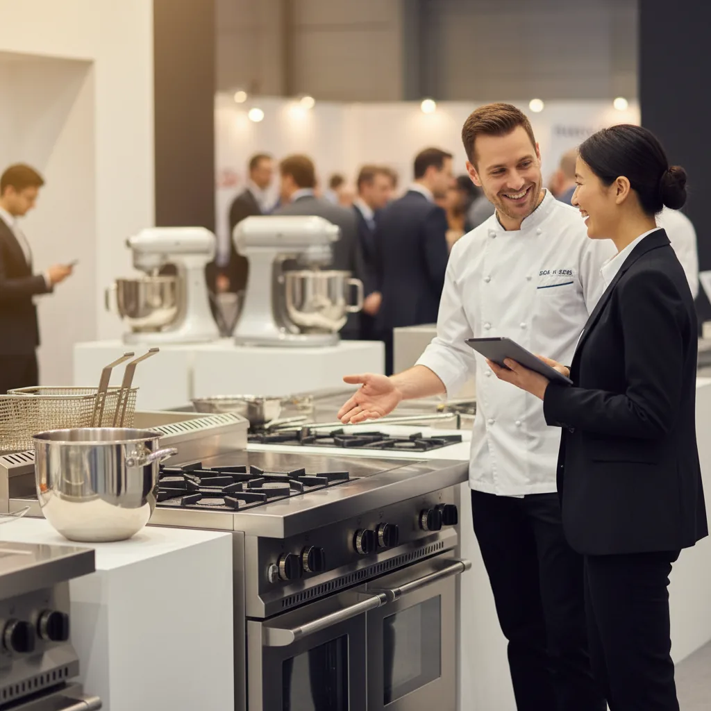 Restaurateur en discussion avec un exposant sur un salon professionnel CHR