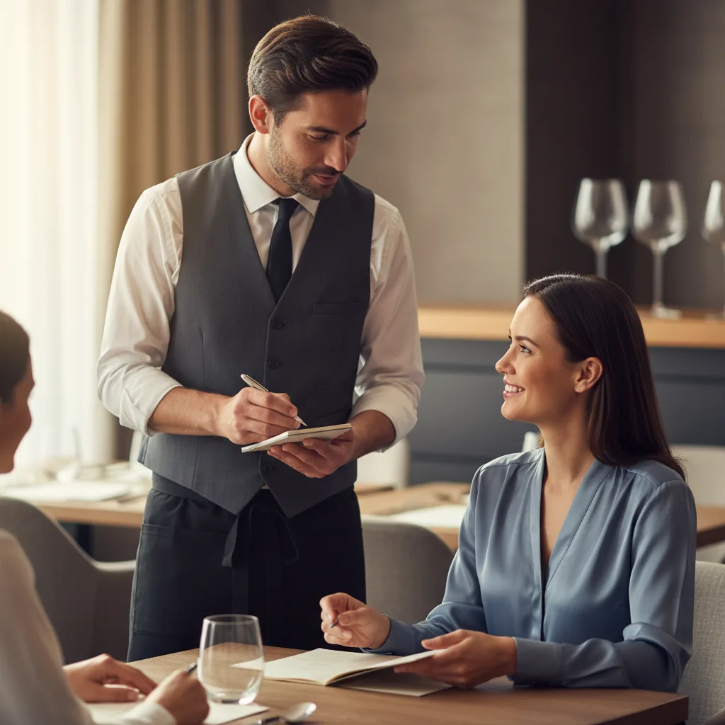 Serveur accueillant des clients en salle de restaurant