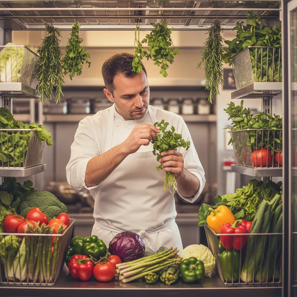 Chambre froide de restaurant avec produits frais étiquetés et datés