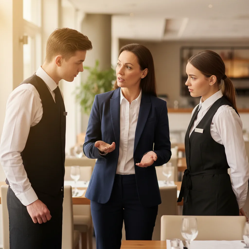 Briefing d'équipe en salle avant le service dans un restaurant