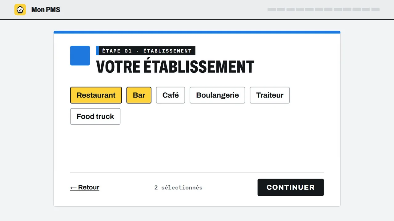 Mon PMS, étape 1 : choix du type d'établissement, restaurant et bar sélectionnés