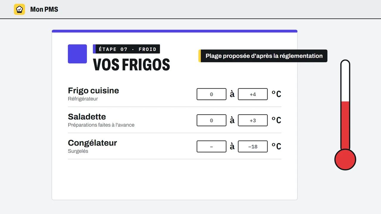 Mon PMS, étape des frigos : plages de température proposées pour le réfrigérateur, la saladette et le congélateur
