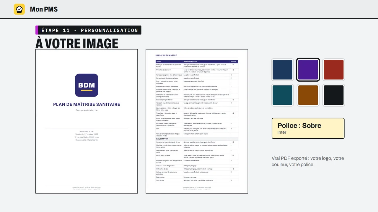 Mon PMS, personnalisation : page de garde du plan de maîtrise sanitaire avec logo, choix de couleur et de police