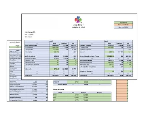 Tableur de suivi comptable pour restaurant : compte de résultat, bilan et flux de trésorerie