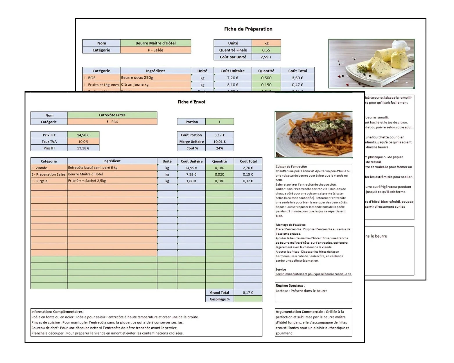 Le tableur Excel de fiches techniques du pack Pilotez votre Production